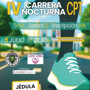 La IV CARRERA NOCTURNA CPT se celebraráel sábado 5 de julio de 2025 a las 21:30 horas, con SALIDA en la Plaza de la Diputación,debiendo las personas participantes realizar 2 vueltas a un circuito urbano de 2.500 mts.