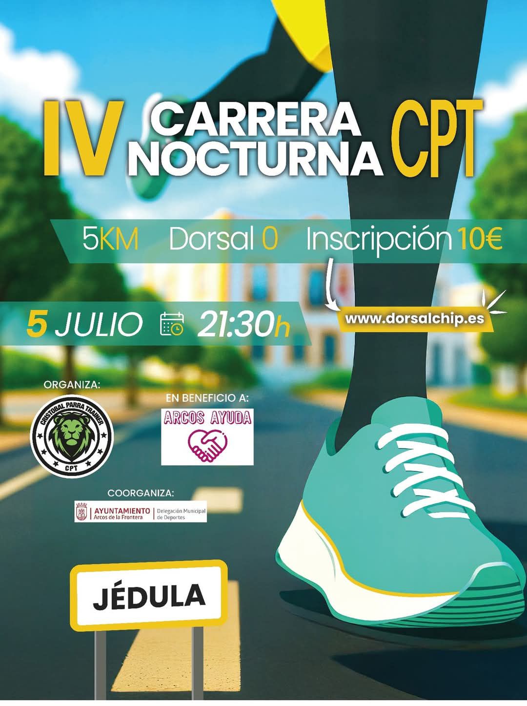 La IV CARRERA NOCTURNA CPT se celebraráel sábado 5 de julio de 2025 a las 21:30 horas, con SALIDA en la Plaza de la Diputación,debiendo las personas participantes realizar 2 vueltas a un circuito urbano de 2.500 mts.