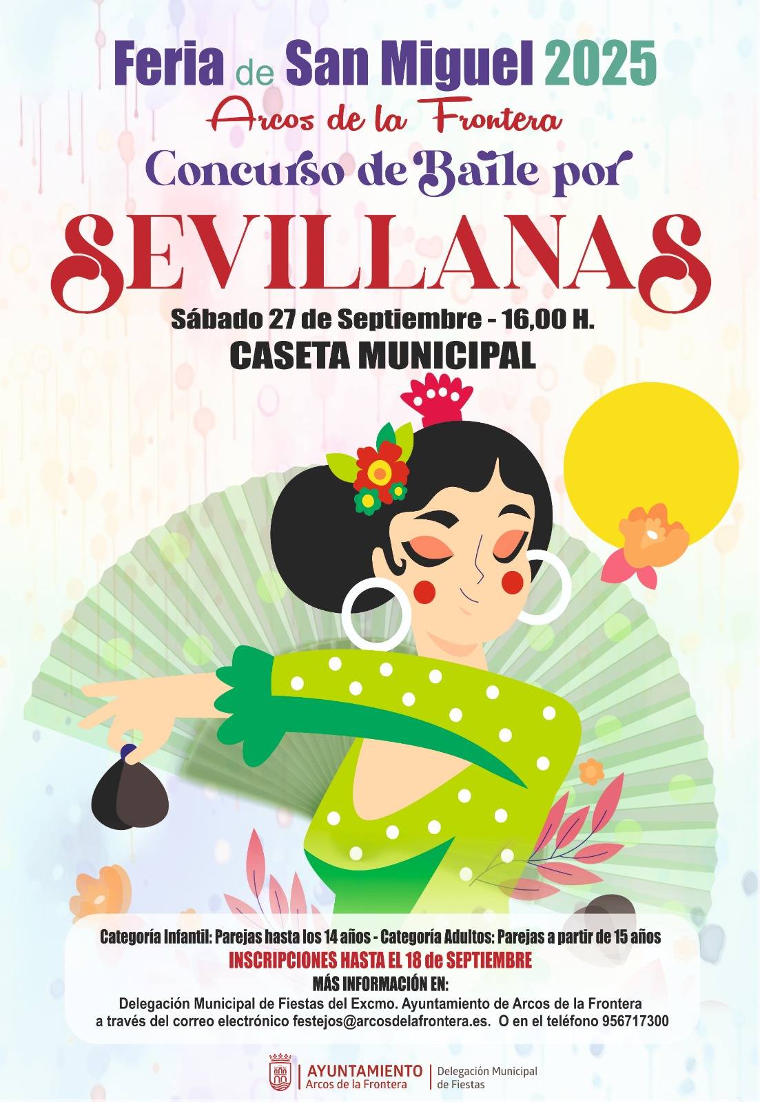 El Concurso de Sevillanas se celebrará en la Caseta Municipal, el día 28 de septiembre de 2024 a partir de las 16:00 horas. Podrán participar todas aquellas parejas de personas que se inscriban en el concurso, en su correspondiente categoría conforme a la edad y estilo, y cumplan los requisitos establecidos.