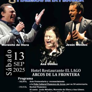 El VI Encuentro Provincial de Peñas Flamencas se celebra en Arcos de la Frontera el sábado 13 de septiembre de 2025, con lugar en el Hotel Restaurante El Lago de Arcos. El evento es organizado por la Federación de Peñas Flamencas y coincide con los preparativos del 50 aniversario de la Peña Flamenca de Arcos que se conmemorará en 2026.