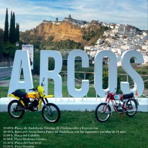 La III Concentración de Motos Históricas de Arcos de la Frontera se celebrará el sábado 22 de noviembre de 2025. El evento comenzará a las 10:00 h en el Paseo de Andalucía con la recepción de participantes y exposición de las motocicletas, seguida de una ruta por las calles del pueblo a las 10:45 h, culminando con una entrega de premios y sorteos a las 13:00 h en el mismo lugar.