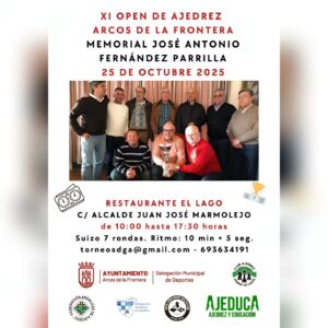 El XI Open de Ajedrez de Arcos de la Frontera “Memorial José Antonio Fernández Parrilla”, que organiza el Club de Ajedrez Sierra de Cádiz, se celebrará el sábado 25 de octubre, de 10 a 17.30h, en el Hotel-Restaurante El Lago. Colabora la delegación de Deportes del Ayuntamiento de Arcos. El Club de Ajedrez Sierra de Cádiz fue fundado en el mes de septiembre por Antonio Gómez, actual presidente, y a día de hoy cuenta con 20 socios de todas las edades y niveles de juego. Antonio anima a los aficionados al ajedrez de Arcos y la Sierra a asistir a este open.
