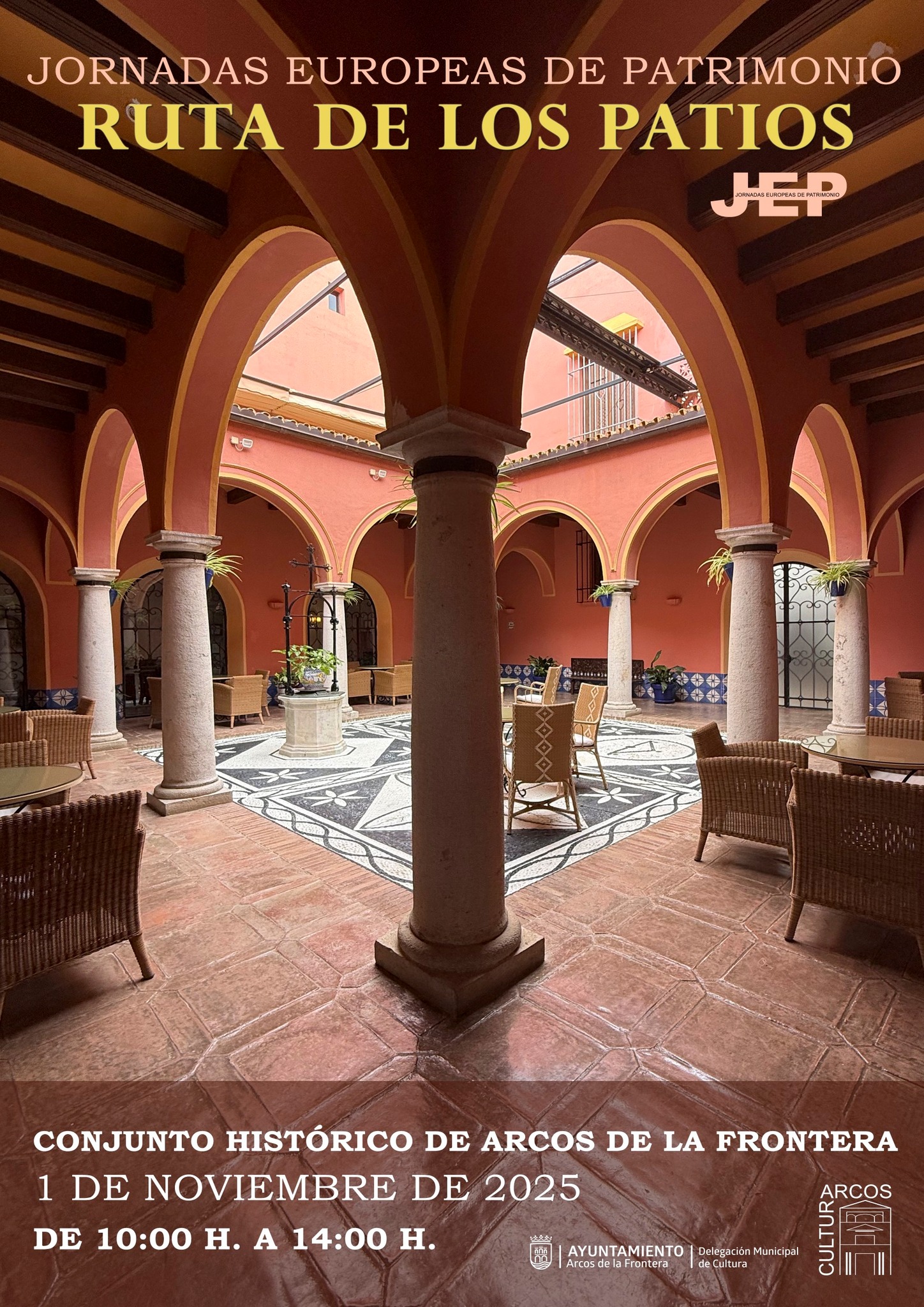 Arcos de la Frontera celebrará el próximo sábado 1 de noviembre una cita destacada dentro de las Jornadas Europeas de Patrimonio: la Ruta de los Patios, organizada por la Delegación Municipal de Cultura y Patrimonio. La actividad, gratuita y abierta al público, se desarrollará de 10:00 a 14:00 horas y permitirá recorrer algunos de los patios más emblemáticos del Conjunto Histórico de la ciudad, ubicados en la calle Corredera y en el Casco Antiguo.