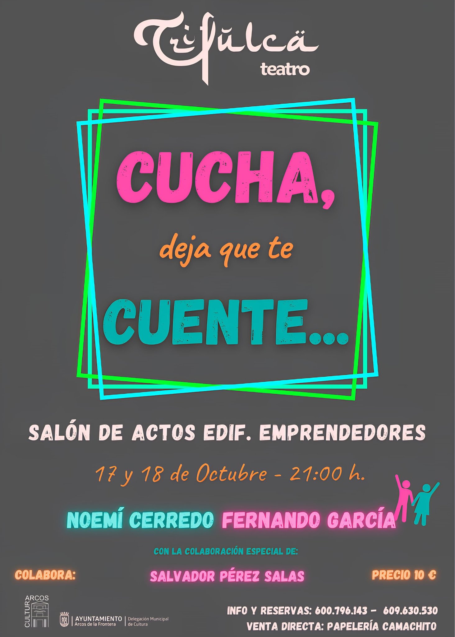 Los actores y fundadores de esta compañía teatral, Noemí Cerredo y Fernando García, vuelven a poner en escena la obra, ‘Cucha, deja que te cuente…’, que tan buena acogida tuvo por parte del público el día del estreno. Vuelven con cuatro monólogos que vienen a reflejar la vida misma, como el hombre y la mujer, en clave de humor, defienden sus posturas ante la relación en pareja.