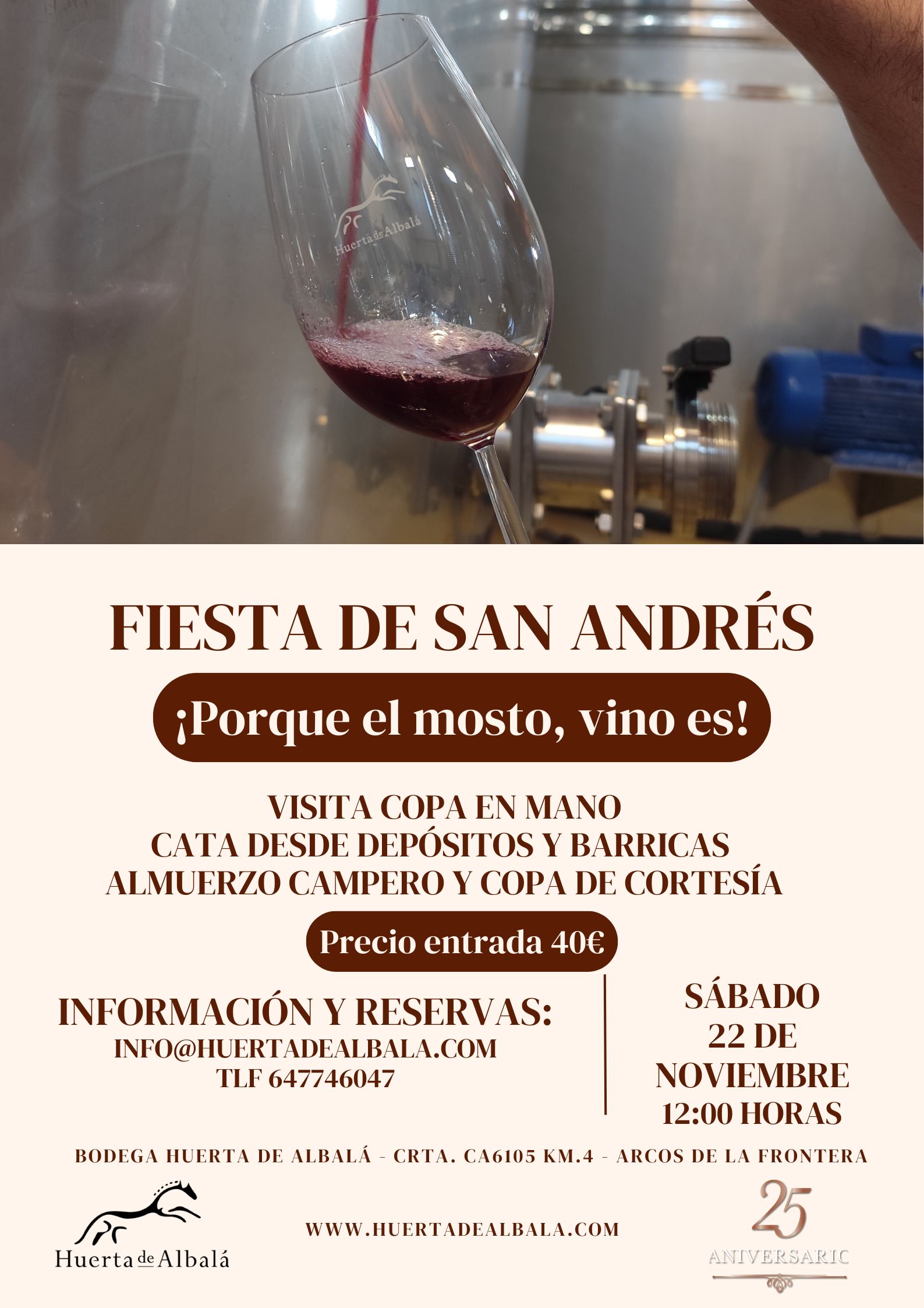 Llega uno de los momentos más esperados del año en bodega: la transformación del mosto en vino tras el Día de San Andrés. Queremos celebrarlo contigo el sábado 22 de noviembre a las 12:00 h en una jornada llena de vino, tradición y buena compañía.