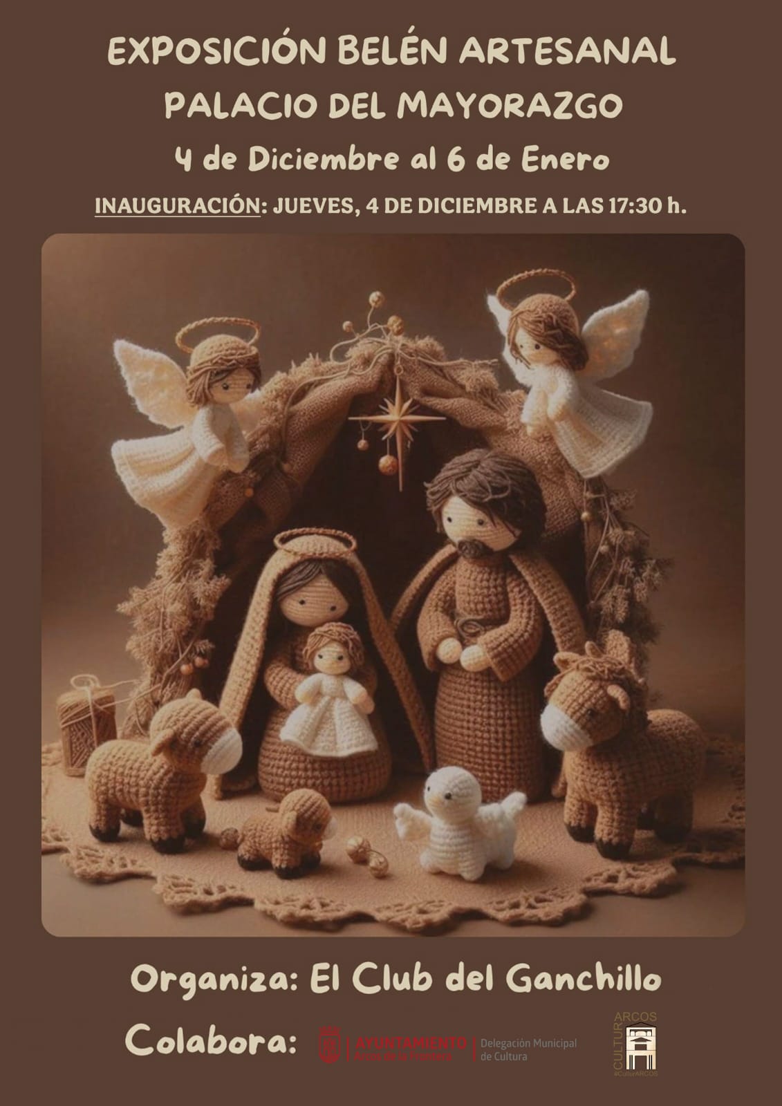 Te invitamos a la exposición "Belén Artesanal" organizada por el Club del Ganchillo. Disfruta de un Belén único, hecho a mano con dedicación y cariño, del 4 de diciembre al 6 de enero.