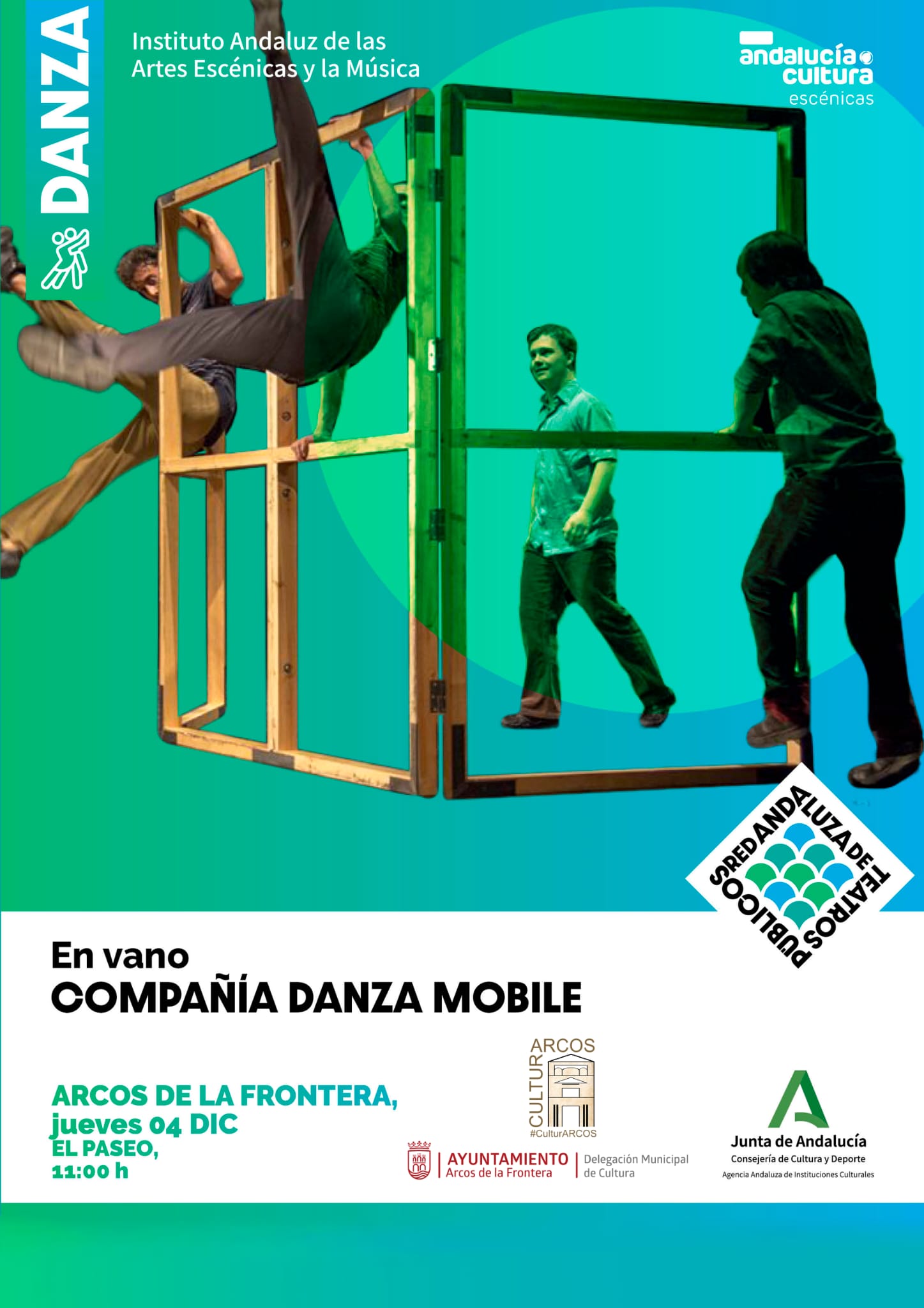El próximo jueves 4 de diciembre, a las 11:00h, podrás disfrutar de “En vano”, una obra de danza contemporánea de la Compañía Danza Mobile, un referente en artes escénicas inclusivas. 📍 Lugar: El Paseo de Andalucía, junto a la Biblioteca.