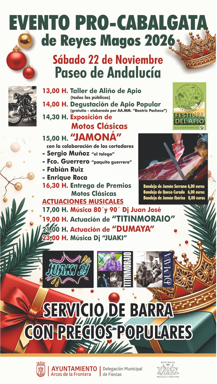 La Asociación de Reyes Magos de Arcos de la Frontera, con la colaboración de la Delegación Municipal de Fiestas, ha organizado para el próximo sábado 22 de noviembre una jornada festiva y solidaria en el Paseo de Andalucía con el objetivo de recaudar fondos para la Cabalgata de Reyes Magos 2026.
