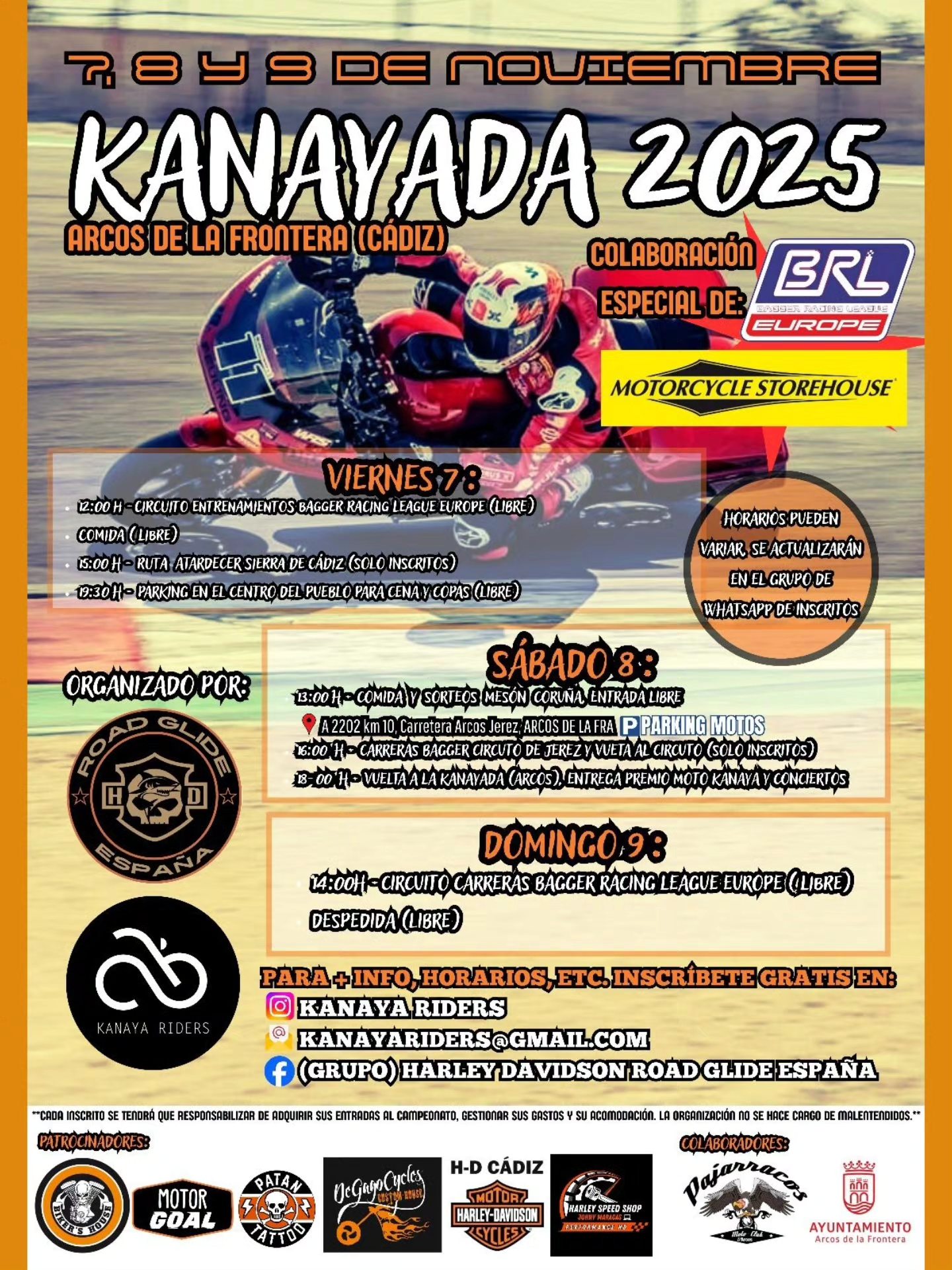 Arcos de la Frontera se prepara para recibir a cientos de aficionados al motor con la celebración de Kanayada 2025, un evento motero que tendrá lugar los días 7, 8 y 9 de noviembre. La cita, organizada por Kanaya Riders y Road Glide España, convertirá al municipio en uno de los principales puntos de encuentro para los amantes de las motocicletas.