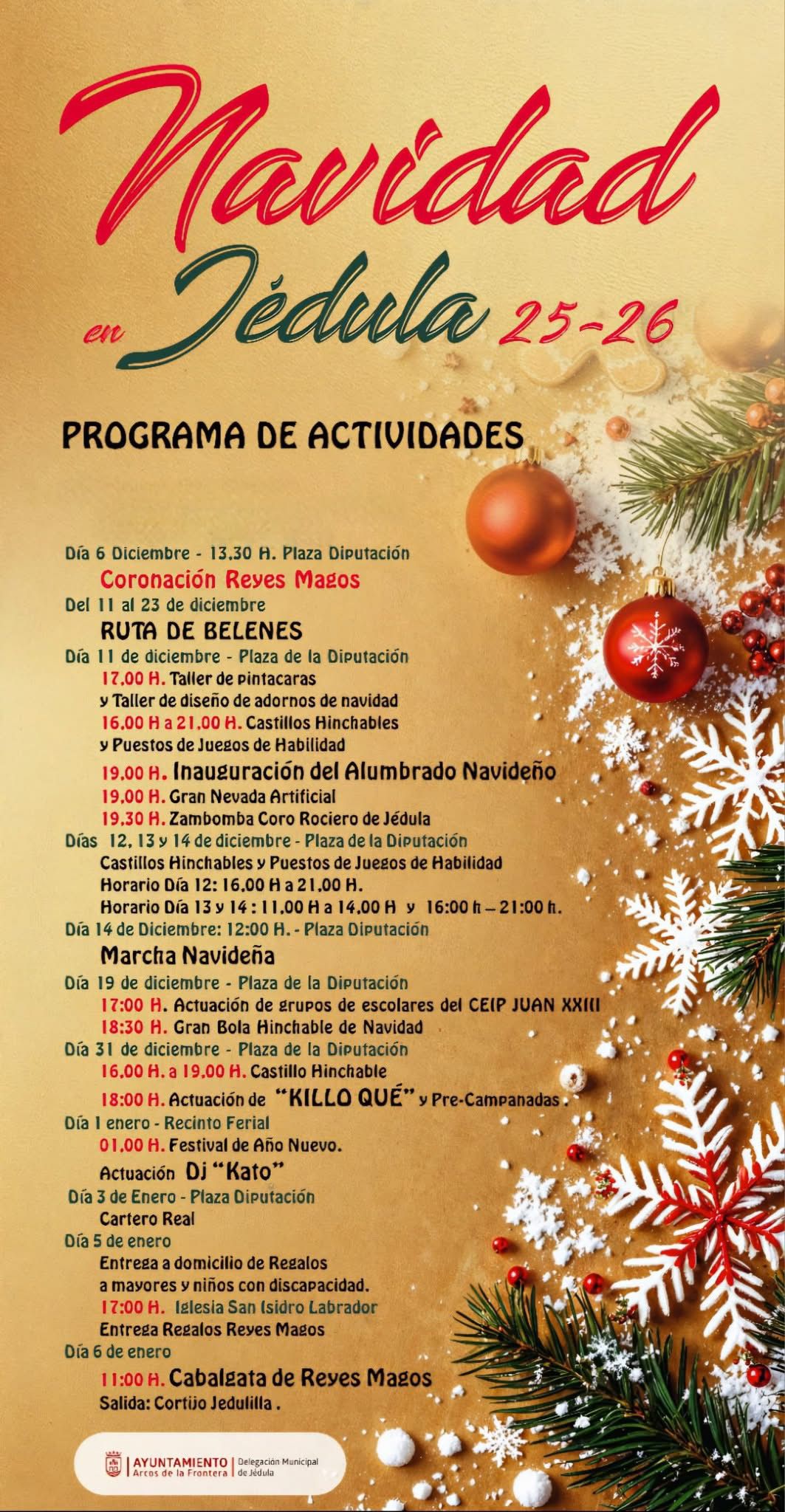 El Alcalde de Arcos, Miguel Rodríguez, y la delegada municipal de Jédula, Beatriz Morón, han presentado oficialmente el Programa de Actividades Navideñas, pensado para que vecinos y visitantes disfruten de unas fiestas llenas de magia, tradición y convivencia.
