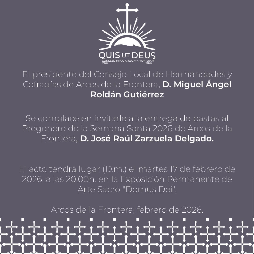 Entrega de pastas al Pregonero de la Semana Santa de Arcos de la Frontera 2026, D. José Raúl Zarzuela Delgado.