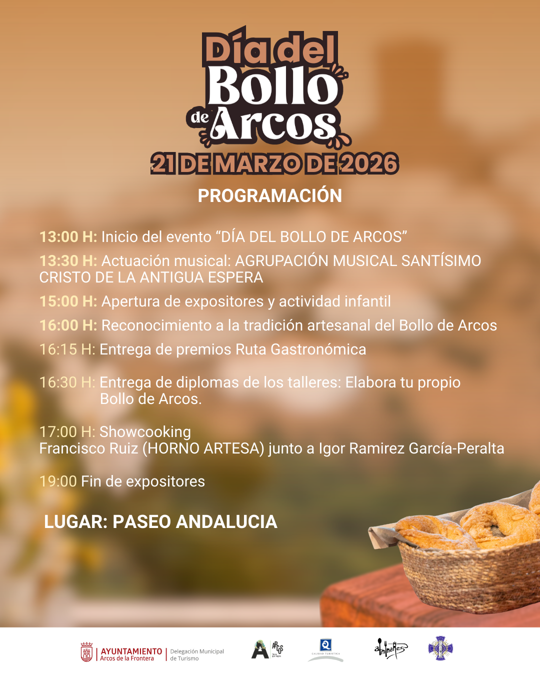 La III Fiesta y Ruta del Bollo de Arcos de la Frontera se celebra del 21 de febrero al 21 de marzo de 2026, rindiendo homenaje a este dulce tradicional de Cuaresma. El evento incluye degustaciones, talleres de elaboración y participación de catorce establecimientos locales para poner en valor la repostería artesanal típica previa a la Semana Santa.