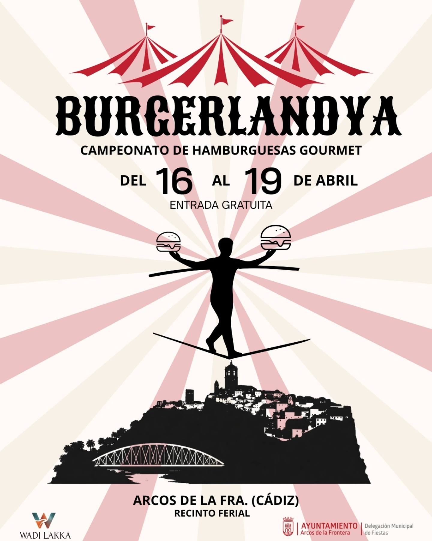 El delegado municipal de Fiestas del Ayuntamiento de Arcos de la Frontera, Fran Pérez, ha presentado la segunda edición de Burgerlandya, un evento gastronómico que se celebrará del 16 al 19 de abril en el llano de la feria, trasladándose este año a la zona de los cacharritos con el objetivo de ganar espacio y mejorar la experiencia del público.
