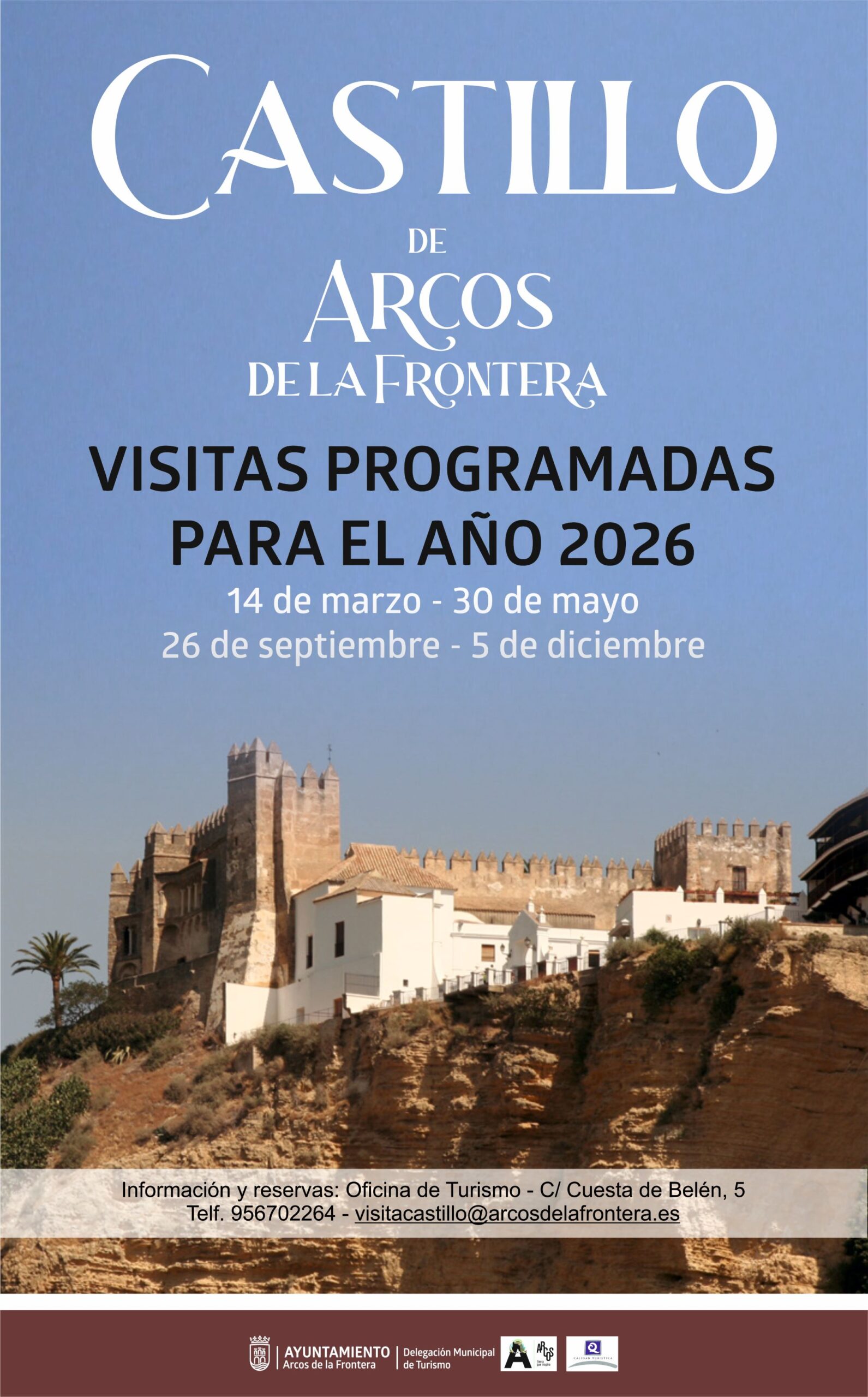 Las visitas se realizarán en horario de mañana y estarán guiadas por personal cualificado. Reserva previa: Oficina de Turismo (Cuesta de Belén, 5) 956 70 22 64 visitacastillo@arcosdelafrontera.es La actividad está abierta tanto a vecinos de Arcos como a visitantes.