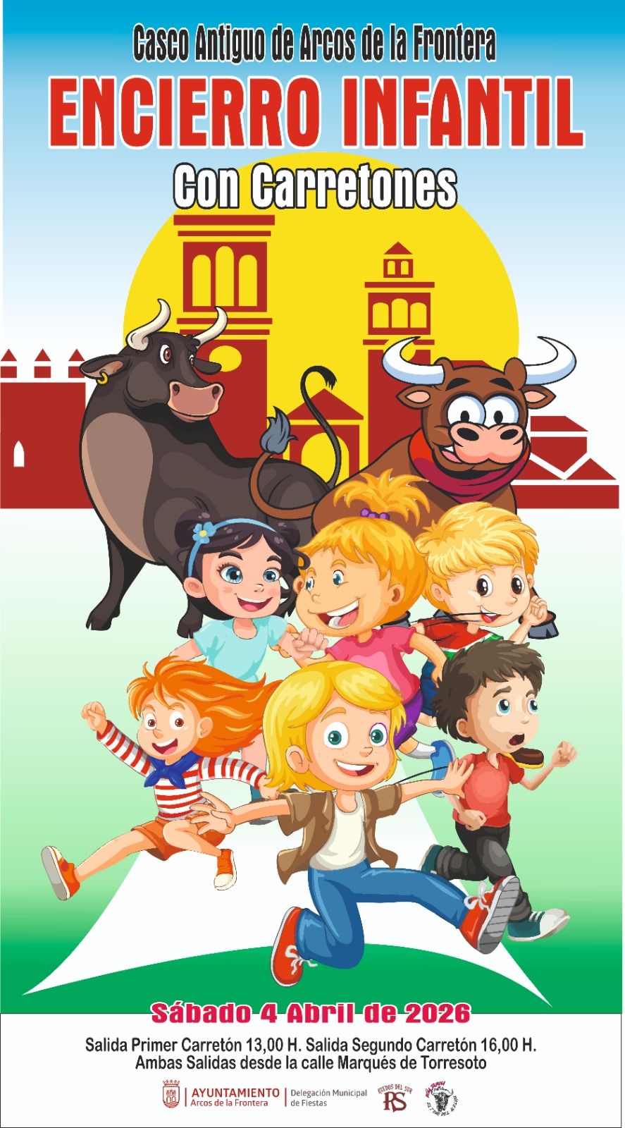 ¡Vuelve la emoción para los más pequeños! 🐂🏃‍♂️💨 El sábado 4 de abril, el Casco Antiguo de Arcos de la Frontera se llena de diversión con el Encierro Infantil con Carretones. ¡Una cita que no te puedes perder!
