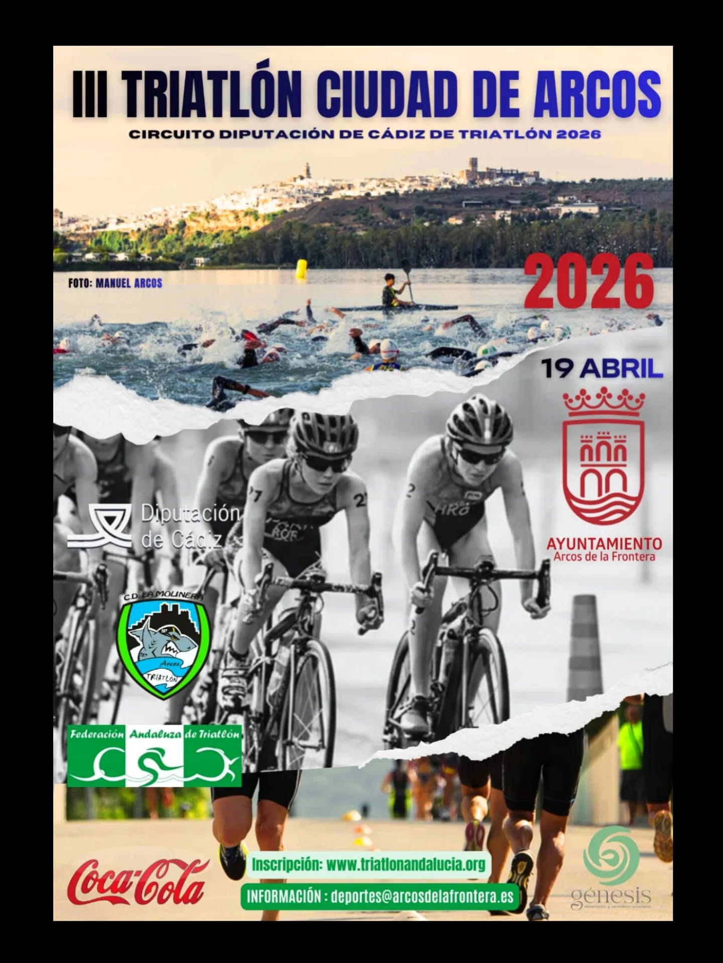 La tercera edición del triatlón ciudad de Arcos, distancia sprint, se celebrará el domingo 19 de abril, a partir de las diez de la mañana, con salida desde el Club Náutico Lago de Arcos. Se trata de la primera competición del Circuito Diputación de Cádiz de Triatlón. Ya está abierto el plazo de inscripción, que finalizará el lunes 13 a las doce de la medianoche, el precio es de 25€ para triatletas federados y de 35€ para no federados