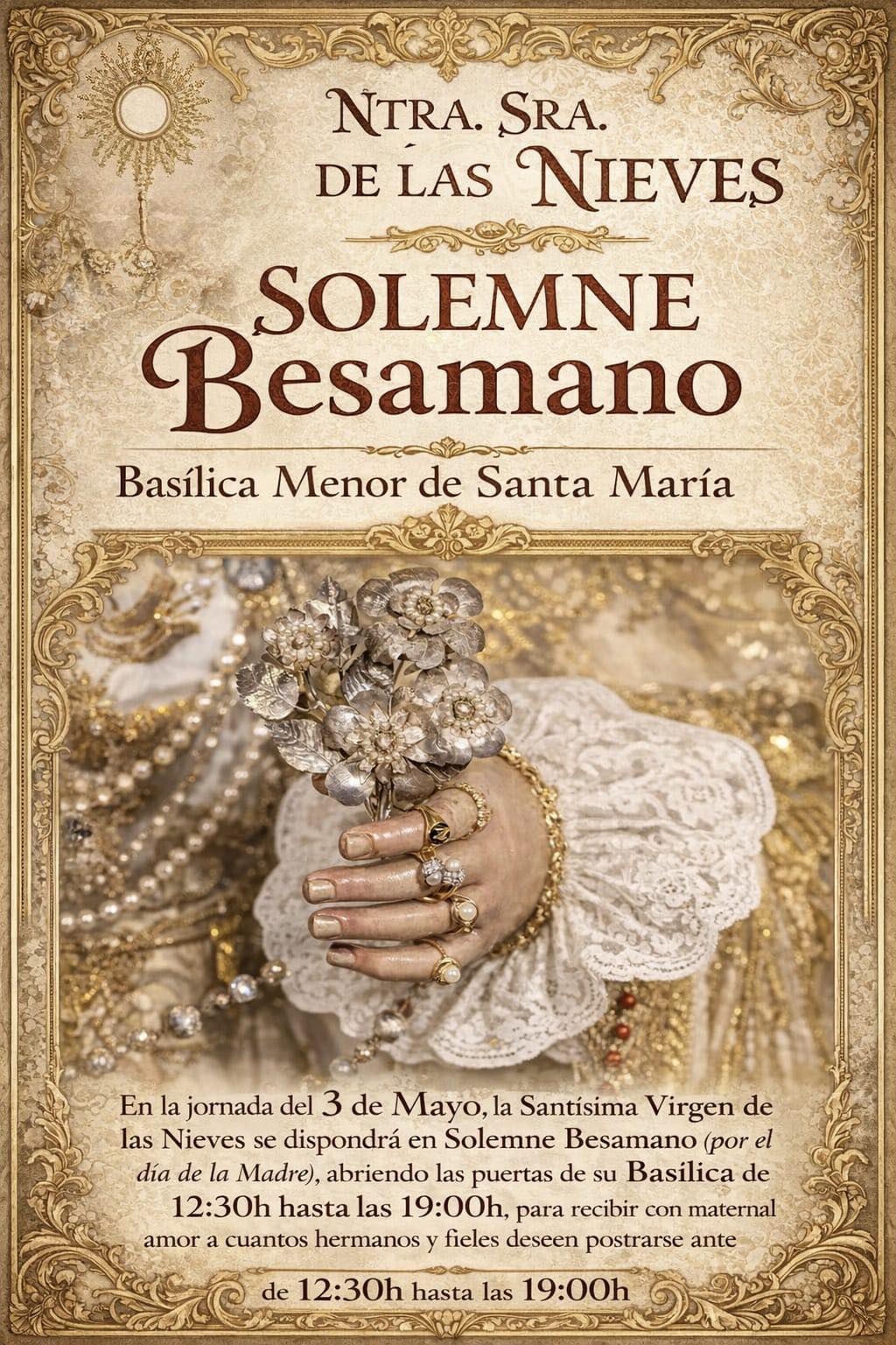 a Hermandad de Ntra. Sra. de las Nieves está ante un año muy importante. En este 2026 se celebra el Centenario Fundacional de la Hermandad, fechado el 20 de julio de 1926.

En mayo, mes de la virgen, dará comienzo los cultos y actos en honor a Ntra. Sra. de las Nieves, destacando el Solemne Besamanos, día 3, Solemne Triduo, días 7, 8 y 9 y día 10 la Función Principal.