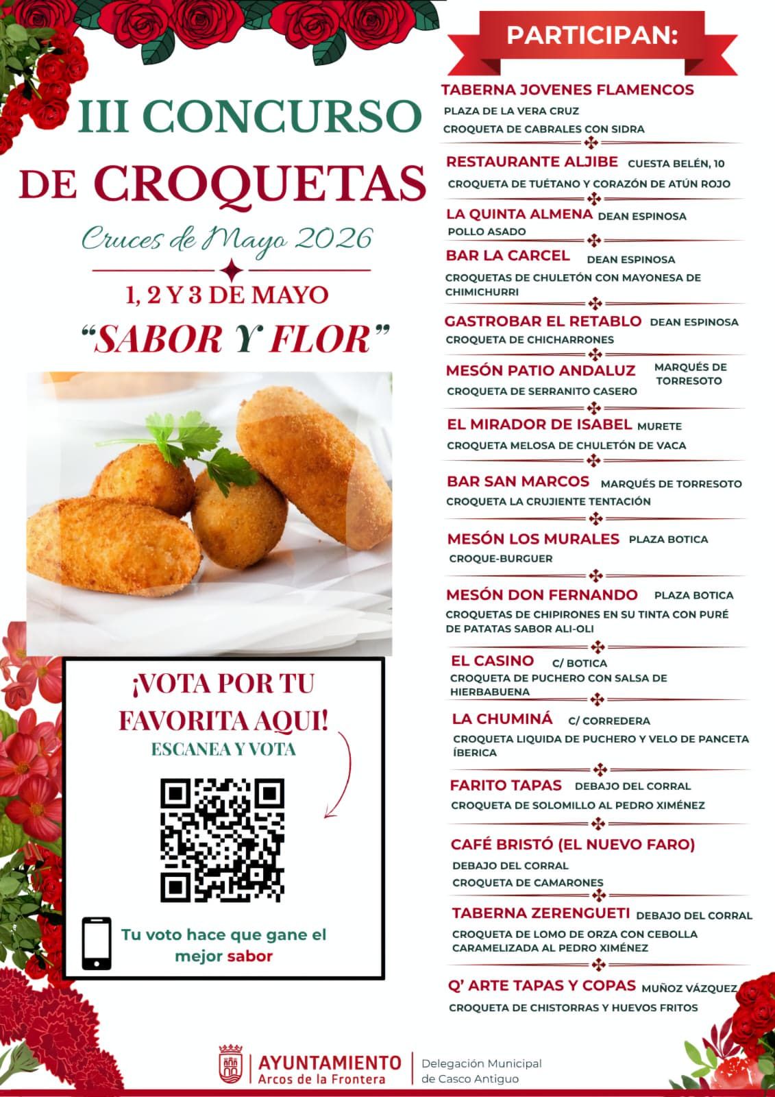 Entre las principales novedades destaca la tercera edición del concurso gastronómico “Sabor y Flor”, centrado en la elaboración de croquetas. El certamen se desarrollará desde el viernes por la tarde hasta el domingo y amplía su recorrido hasta el Paseo de Andalucía, con la participación de 16 establecimientos. El público podrá degustar las propuestas y votar a su favorita mediante un sistema de códigos QR habilitado en cada punto.