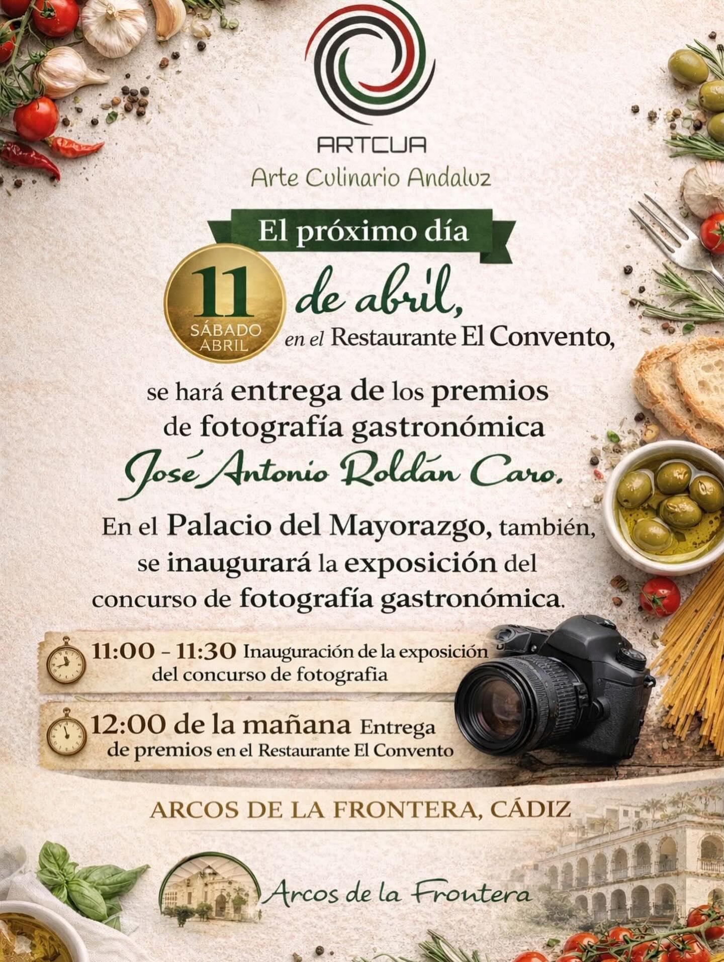 El próximo sábado 11 de abril tenemos una cita con la fotografía gastronómica.

A las 12:00 h se hará entrega de los premios del Concurso de Fotografía Gastronómica José Antonio Roldán Caro.

Ese mismo día, en el Palacio del Mayorazgo, se inaugurará la exposición con todas las fotografías presentadas al concurso, que podrá visitarse tras su apertura.