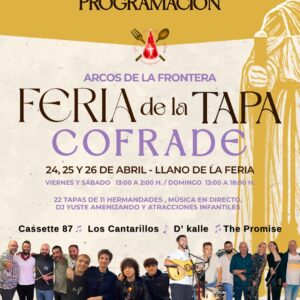 La feria de la tapa cofrade es una cita con el sabor, la tradición y el ambiente que define a Arcos. Durante tres días, el Llano de la Feria se convierte en punto de encuentro: 22 tapas, 11 hermandades y el plan que estabas esperando. Música en directo, Dj amenizando todo el tiempo, ambiente cofrade, atracciones infantiles y probar todas las tapas que puedas.