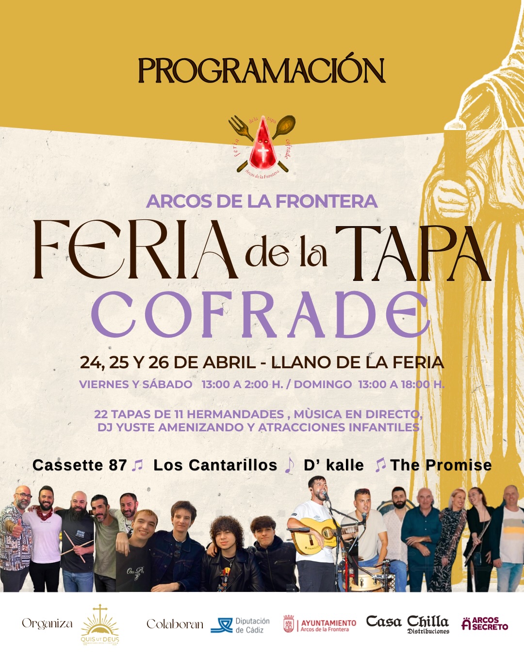 La feria de la tapa cofrade es una cita con el sabor, la tradición y el ambiente que define a Arcos. Durante tres días, el Llano de la Feria se convierte en punto de encuentro: 22 tapas, 11 hermandades y el plan que estabas esperando. Música en directo, Dj amenizando todo el tiempo, ambiente cofrade, atracciones infantiles y probar todas las tapas que puedas.