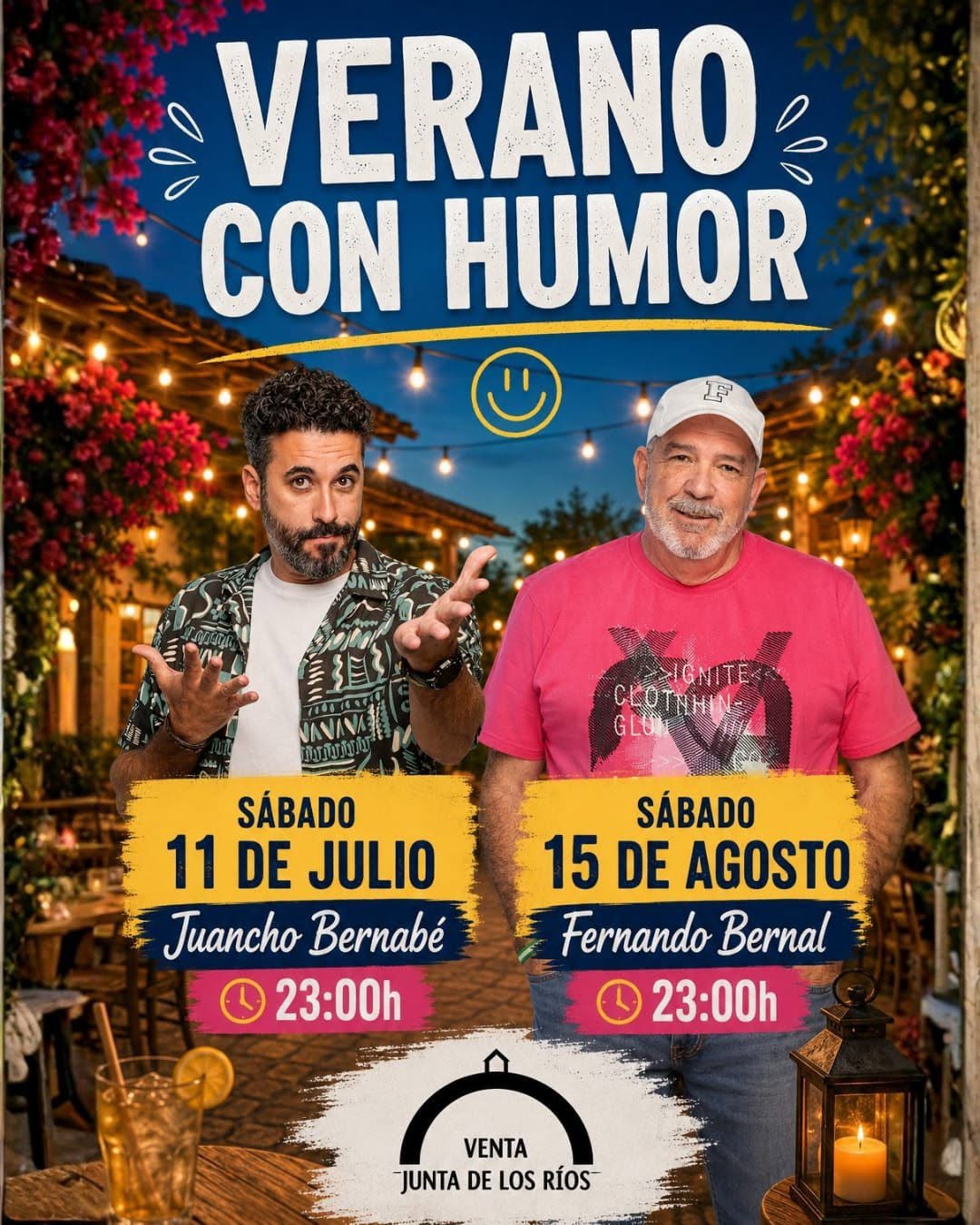 VERANO CON HUMOR en Venta Junta de los Rios, con  Juancho Bernabé Cómico 11 DE Julio y Fernando Bernal Cadiz 13 de Agosto.
Y disfruten también de la buena gastronomía de una Venta con solera, tradición, historia, arraigo y un prestigio ganado a lo largo de los años.
Para un Verano con calor, un VERANO CON HUMOR. En el mejor enclave nos espera una noche de risas y buena gastronomía; VENTA JUNTA DE LOS RIOS