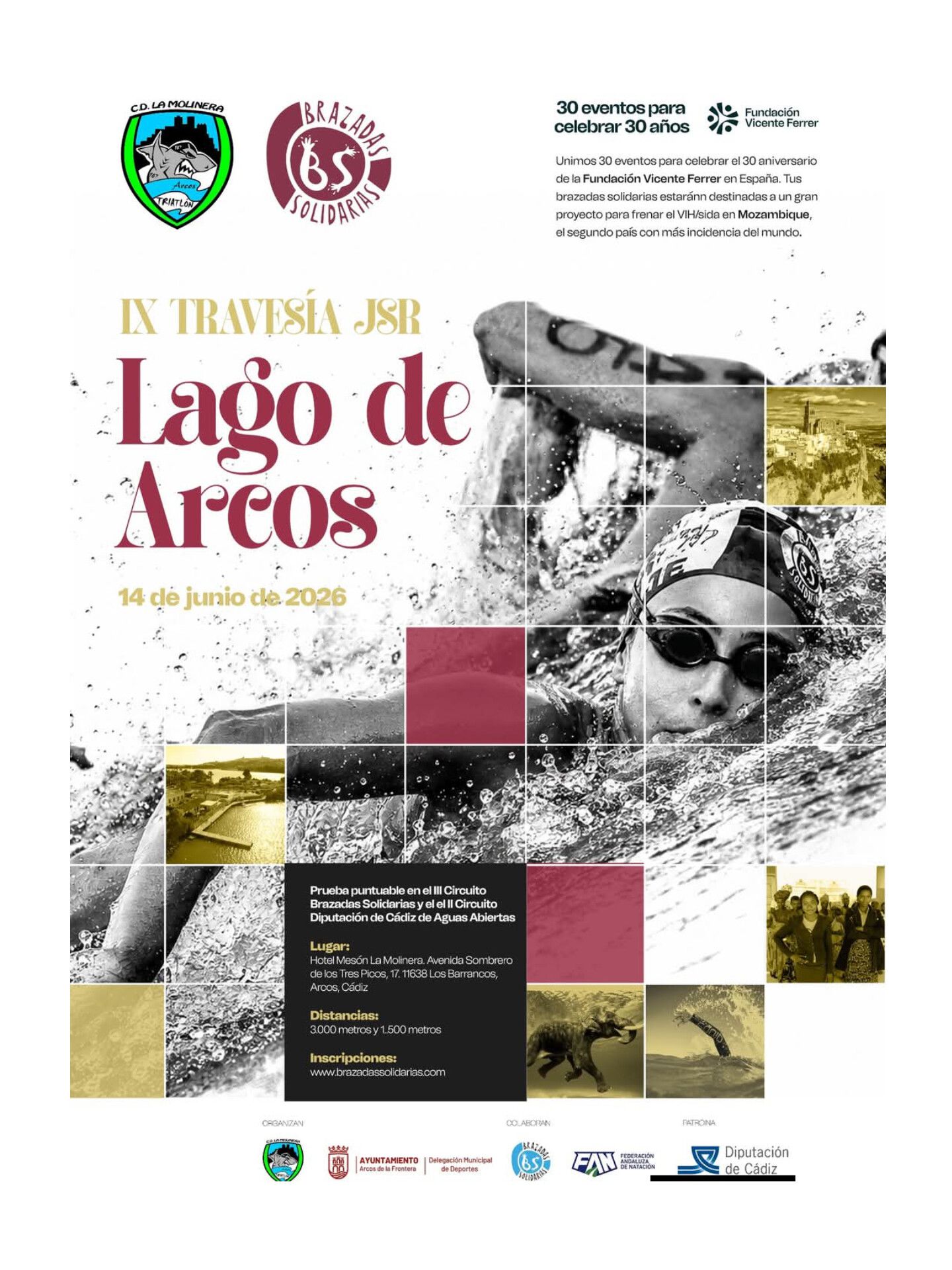 La IX Travesía JSR Lago de Arcos se celebrará el 14 de junio de 2026 en Arcos de la Frontera, Cádiz. Esta prueba de aguas abiertas ofrece dos distancias (1.500 m y 3.000 m) y destaca por su carácter solidario a beneficio de la Fundación Vicente Ferrer.