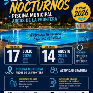 La delegación de Deportes del Ayuntamiento de Arcos de la Frontera pone en marcha una nueva edición de los tradicionales baños nocturnos en la Piscina Municipal, una de las actividades más esperadas del verano.