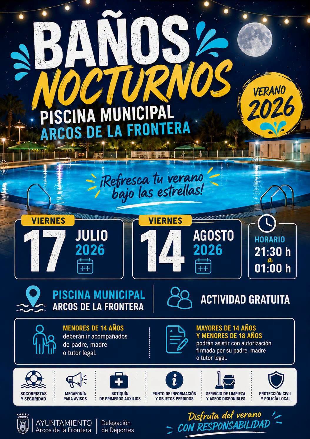 La delegación de Deportes del Ayuntamiento de Arcos de la Frontera pone en marcha una nueva edición de los tradicionales baños nocturnos en la Piscina Municipal, una de las actividades más esperadas del verano.
