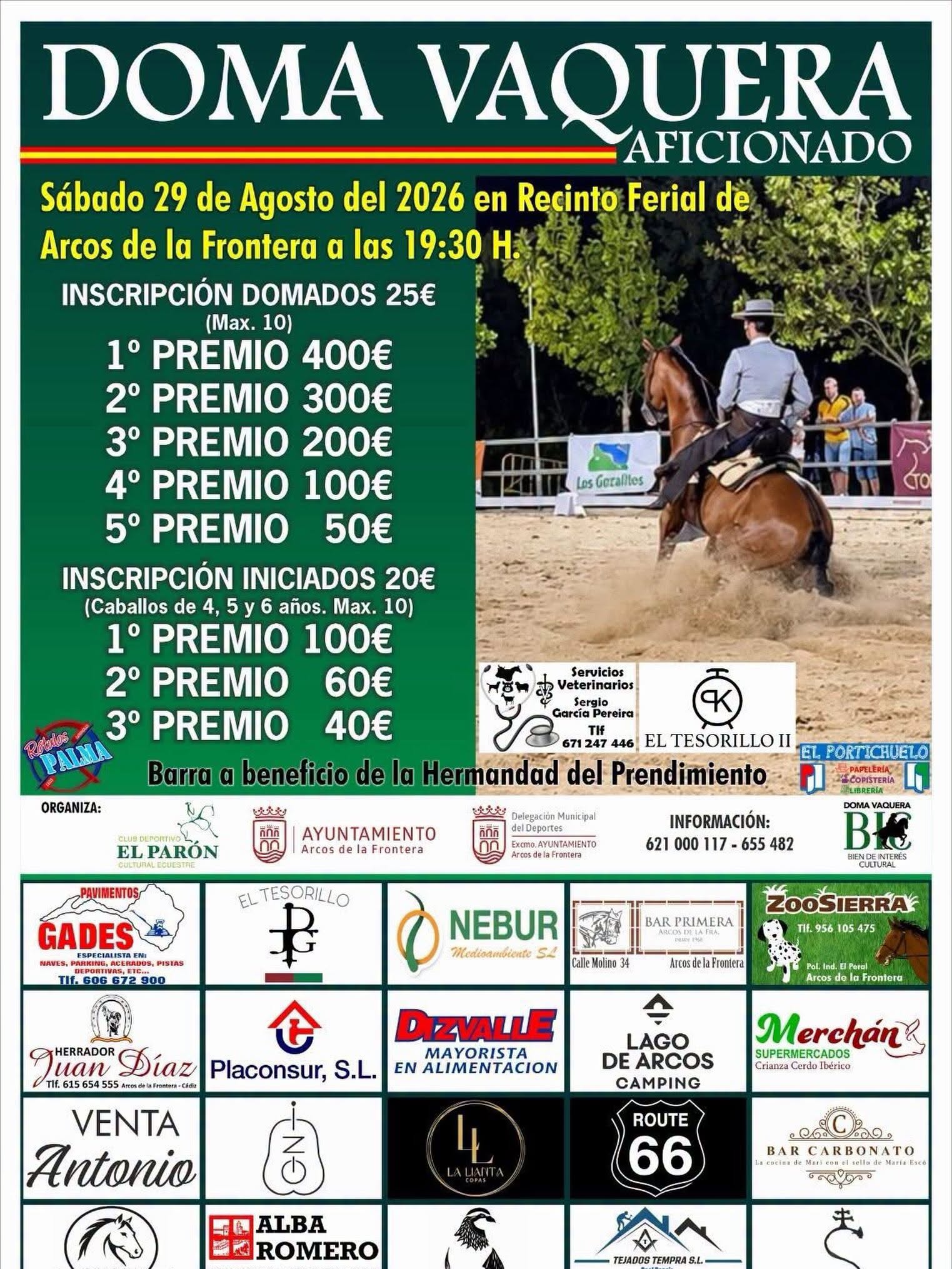Este próximo sábado 29 de agosto, a las 19:30 horas, tendrá lugar en el recinto ferial de nuestra ciudad la Doma Vaquera de Aficionados, organizada por el C.D.C.E. El Parón.