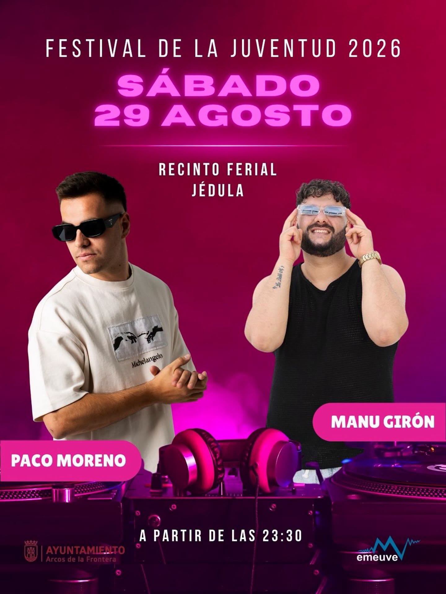 El Festival de la Juventud 2026 llevará la música de Paco Moreno y Manu Girón al Recinto Ferial de Jédula el sábado 29 de agosto de 2026, a partir de las 23:30 horas, con una noche dirigida al público joven para bailar y disfrutar.