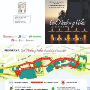 20.000 velas iluminarán el Casco Histórico de Arcos El próximo sábado 22 de agosto, se celebrará la cuarta edición de la programación de la Noche de la Cal, Piedra y Velas “La Noche de las Velas” en nuestro Casco Histórico Monumental de 21:30h a 01:30h.