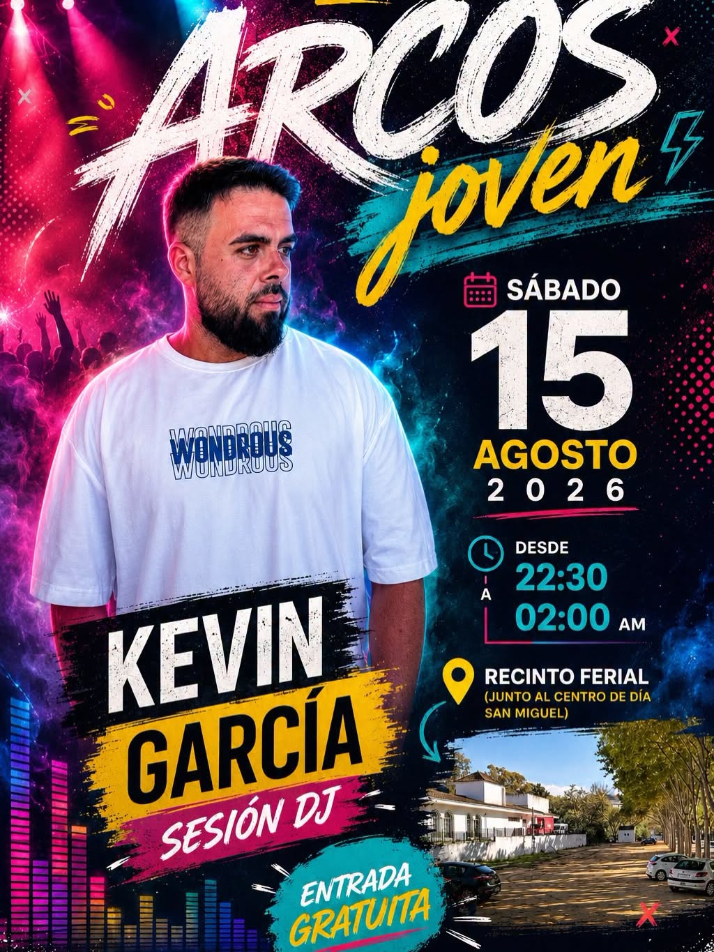 La música en directo correrá a cargo del DJ local Kevin García. Según la información incluida en el anuncio del evento, la sesión se prolongará hasta las 02:00 horas. La cita tendrá lugar en el recinto ferial, junto al Centro de Día San Miguel, y forma parte del programa ‘Arcos Joven’. El delegado de Juventud, Fran Pérez, ha presentado esta actividad dirigida al público joven de Arcos de la Frontera.