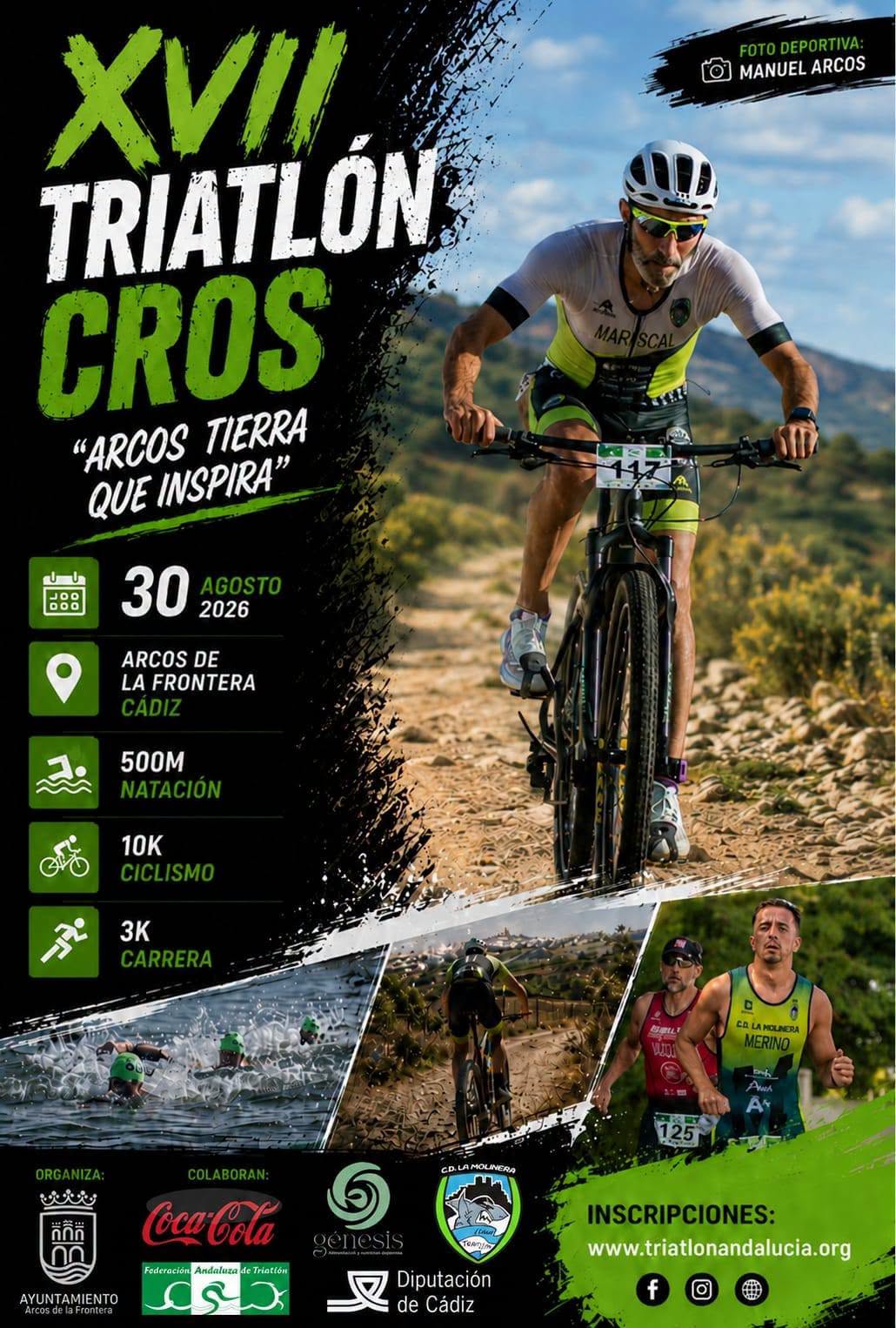 XVII Triatlón Cros "Arcos Tierra que Inspira" se celebra el domingo 30 de agosto de 2026 a las 09:30 horas en Arcos de la Frontera (Cádiz), junto al Club Náutico en el Lago de Arcos. Las inscripciones están abiertas en la Federación Andaluza de Triatlón hasta el 24 de agosto de 2026.
