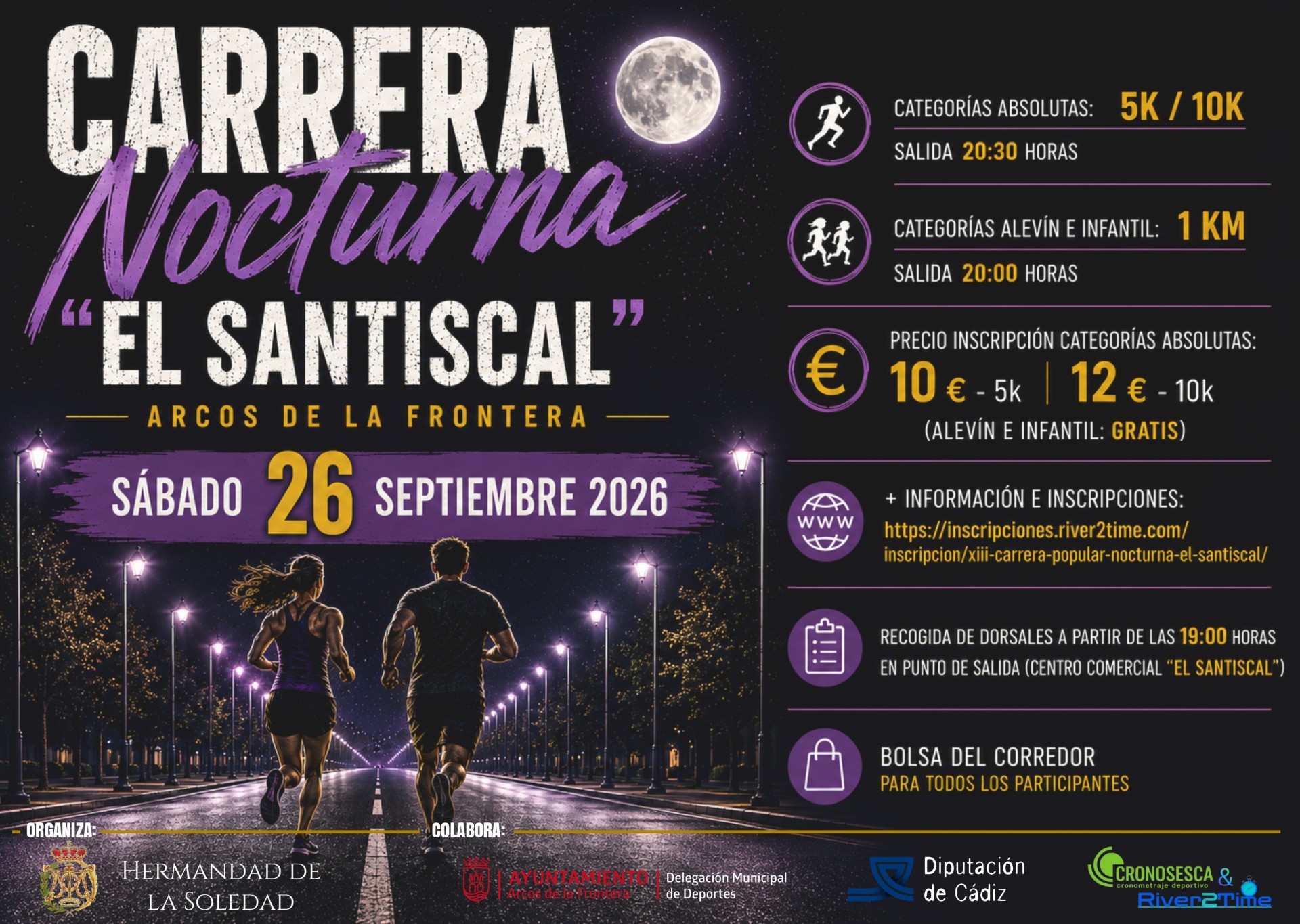 La XIII Carrera Popular Nocturna “El Santiscal” se celebra el 26 de septiembre de 2026 a las 20:30 h en Arcos de la Frontera