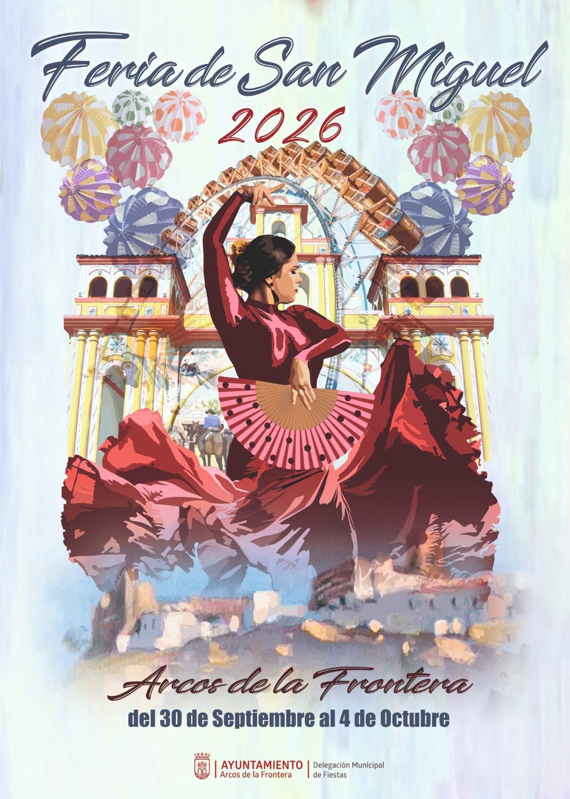 El Ayuntamiento de Arcos de la Frontera ha presentado este jueves el cartel anunciador y la programación de la Feria de San Miguel 2026, que se celebrará del 30 de septiembre al 4 de octubre con una programación dirigida a todos los públicos y con la música en directo como uno de sus principales atractivos.