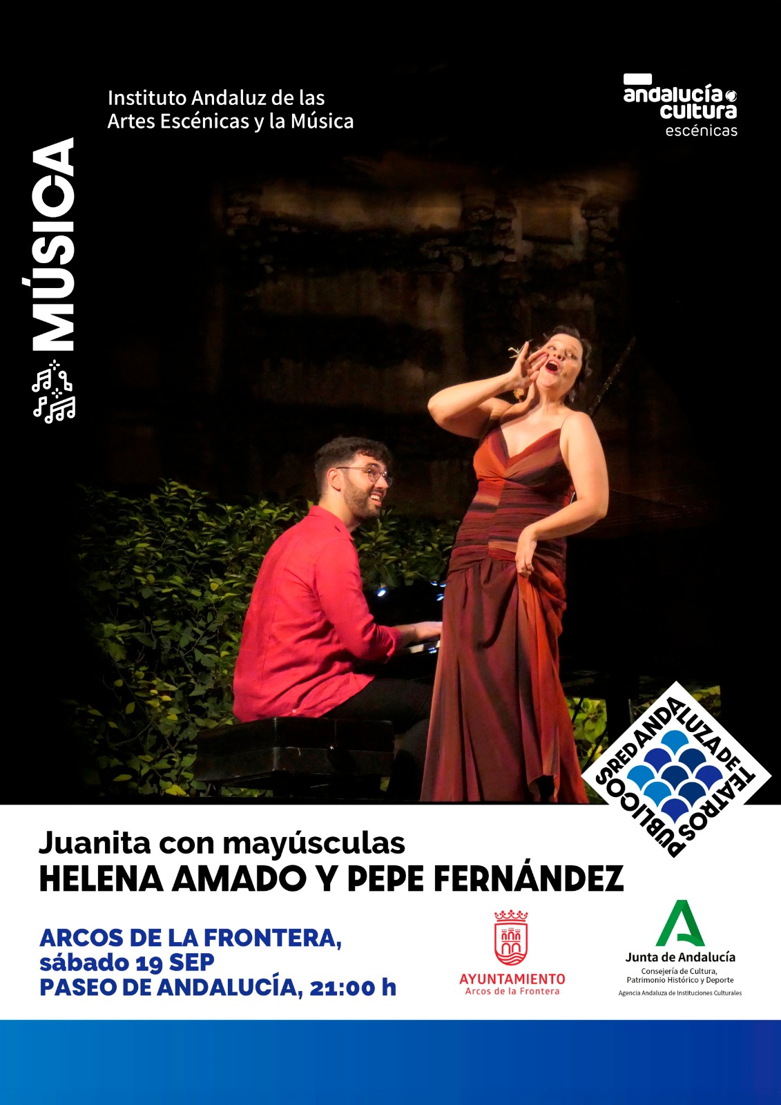 El delegado municipal de Cultura, Andrés Camarena, le invita a disfrutar de una nueva actividad gratuita incluida en la Agenda Cultural del mes de septiembre. Este sábado, 19 de septiembre, a las 21:00 horas, el Paseo de Andalucía acogerá «Juanita con mayúsculas», un espectáculo protagonizado por Helena Amado y Pepe Fernández que recupera y reinterpreta.