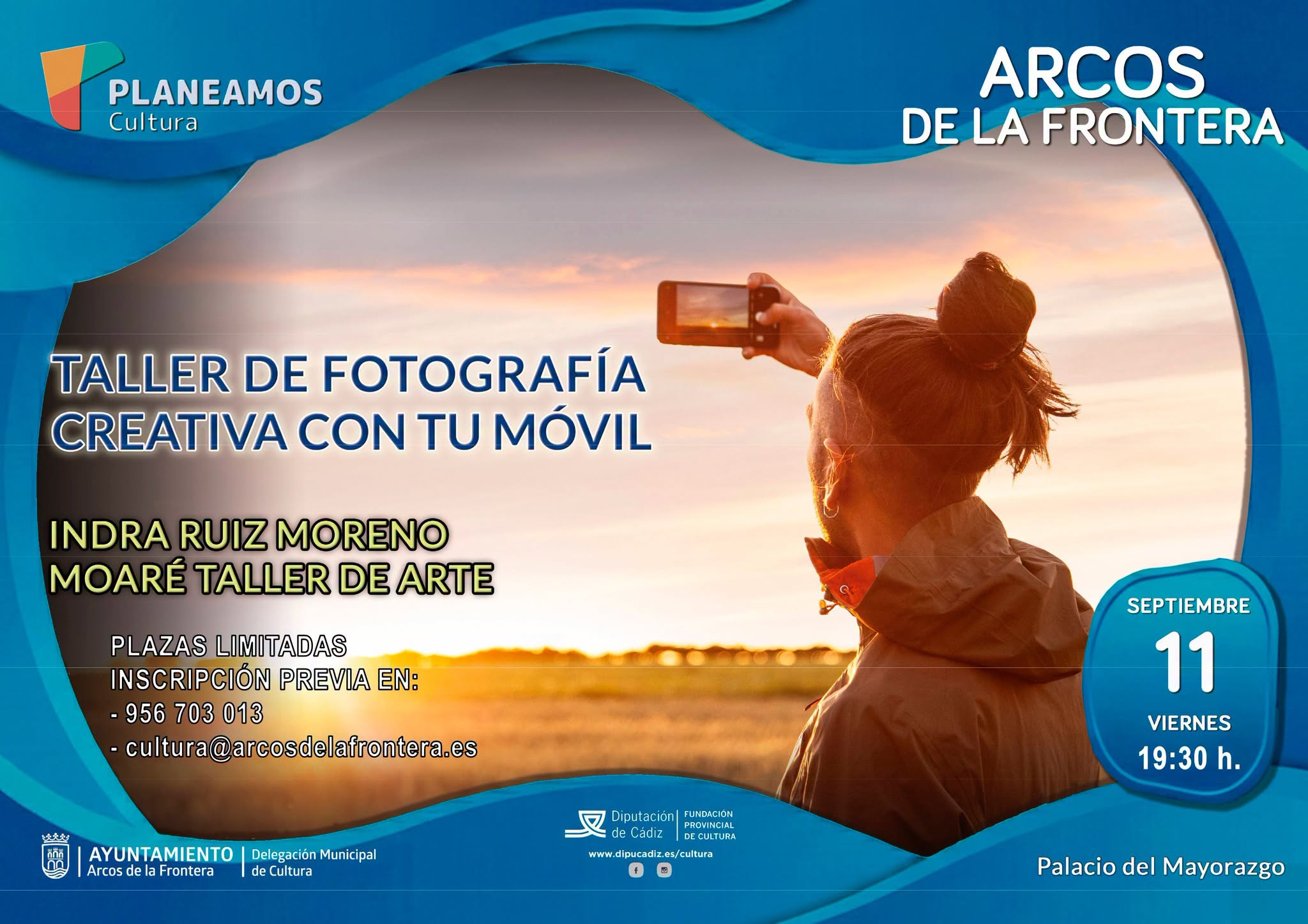 El taller de Fotografía Creativa con tu Móvil, impartido por Indra Ruiz Moreno, se celebrará el viernes 11 de septiembre de 2026 a las 18:30 horas en el Palacio del Mayorazgo de Arcos de la Frontera