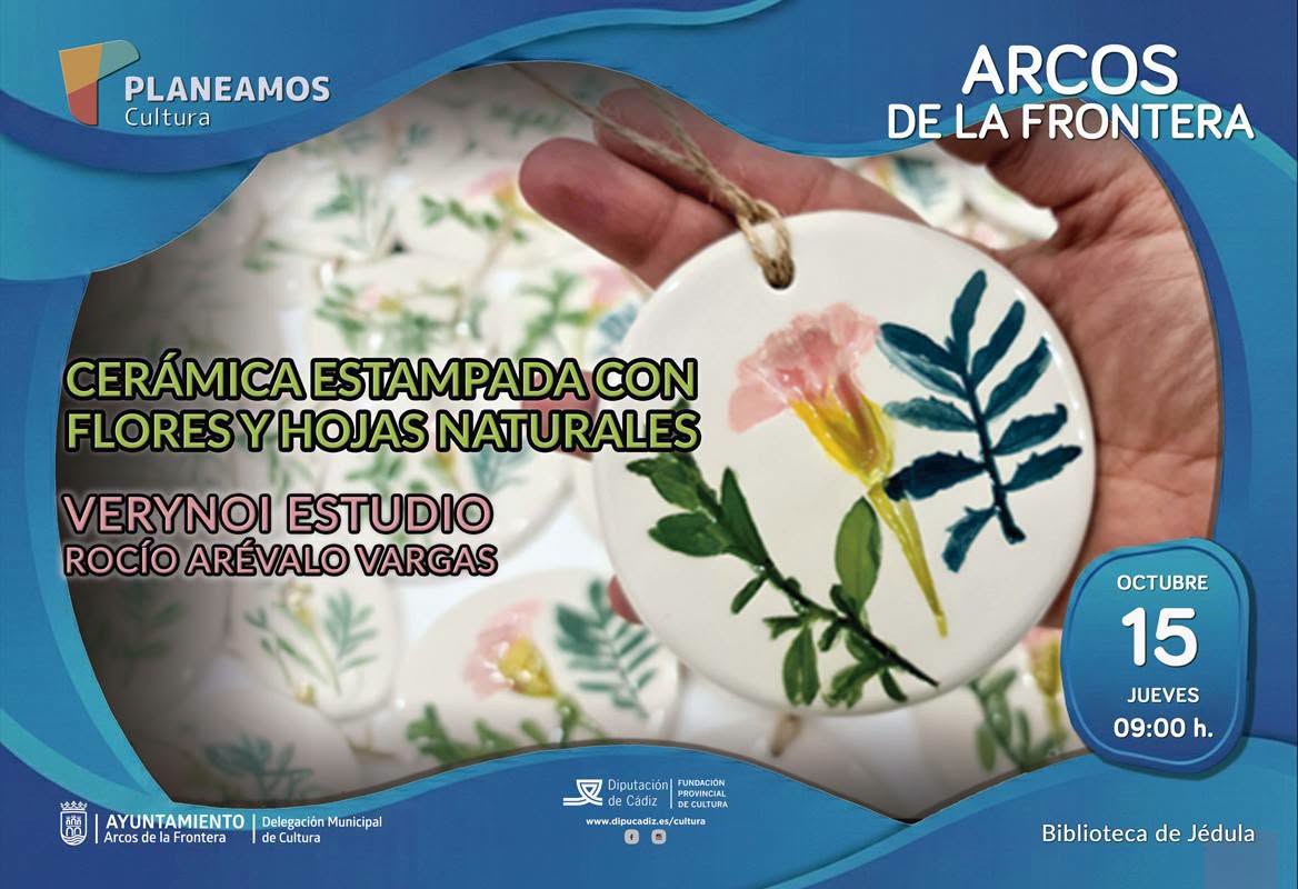 Jueves 15 de octubre, de 09:00 a 11:00 horas. Taller de cerámica estampada con flores y hojas naturales en la Biblioteca de Jédula. Los participantes crearán composiciones sobre arcilla y no será necesaria experiencia previa.