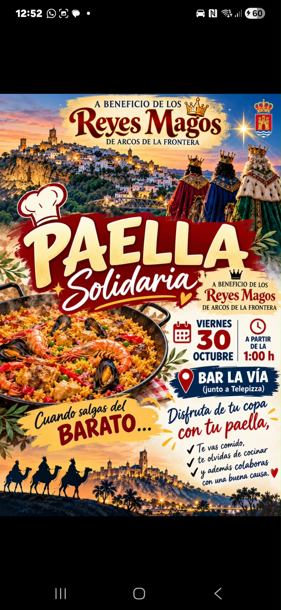 El próximo sábado 30 de octubre tendrá lugar la paella solidaria en el Bar La Vía a partir de las 13 h. Ven a participar y colabora para recaudar fondos para la cabalgata de los reyes magos