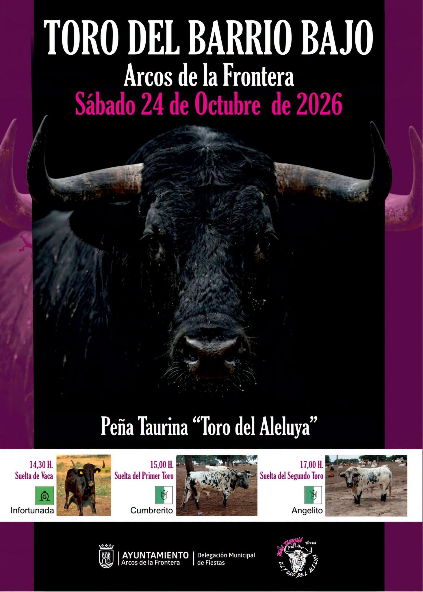 Presentado el cartel anunciador del Toro del Barrio Bajo que tendrá lugar el sábado, 24 de octubre. «Cumbrerito» y «Angelito» son los nombres de los dos astados. El primero de ellos tiene prevista su salida a las 15:00h, y el segundo a las 17:00h. Previamente, a las 14:30h, será la suelta de vaca. Además, a partir de las 12:00h se celebrará el Encierro Infantil con Carretones.